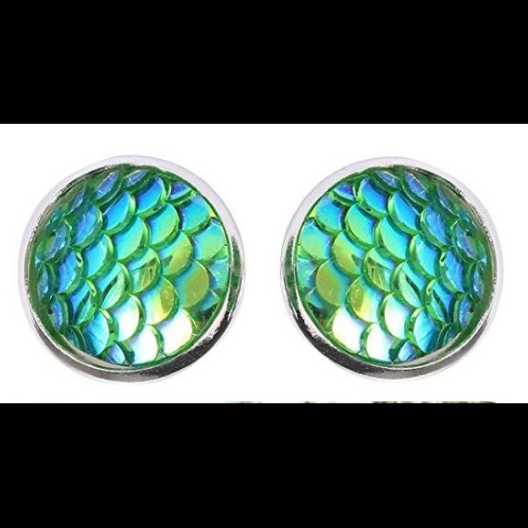 mermaid Jewelry - Gold Iridescent Green Mermaid Scale Earrings